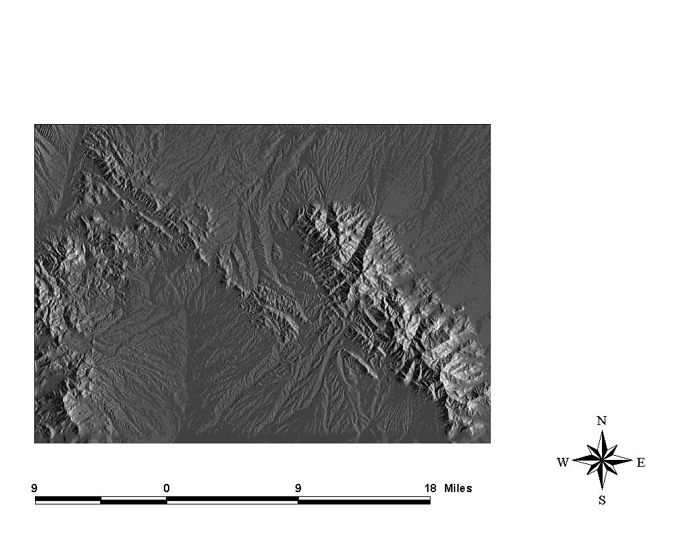 Hillshade of an actual DEM with default color ramp (Azimuth = 270)