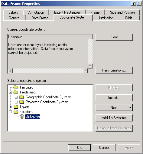 The "Data Properties" screen, "Coordinate System" tab.