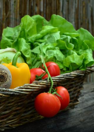 brown basket with lettuce, tomatoes, and bell pepper (Pixabay CC0:752153 condesign)