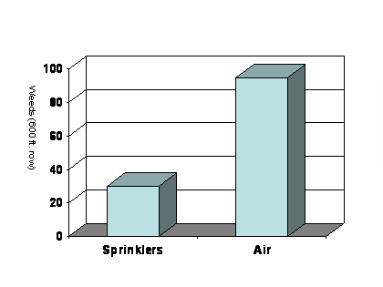 Column graph comparing the number of weeds that were present in plots after Kerb was applied by sprinkler or air.