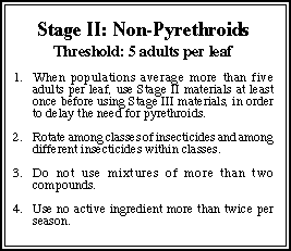 List of things to consider when deciding to use non-pyrethroids in the second stage of whitefly control