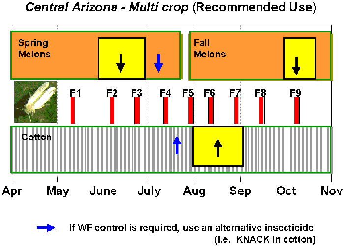 Graph of the recommended use of Applaud in the Central Arizona crop community over a year.  Times of year for spring and fall melons and cotton are overlaid with bars depicting occurance of generations of whitefly (f1-f9).  Recommended Applaud use times are indicated as well. (with the notation that if wf control is required in certain other times, use on an alternative insecticide - i.e., Knack in cotton - is recommended.