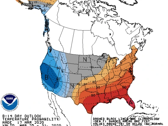 2020 late March temperature outlook map