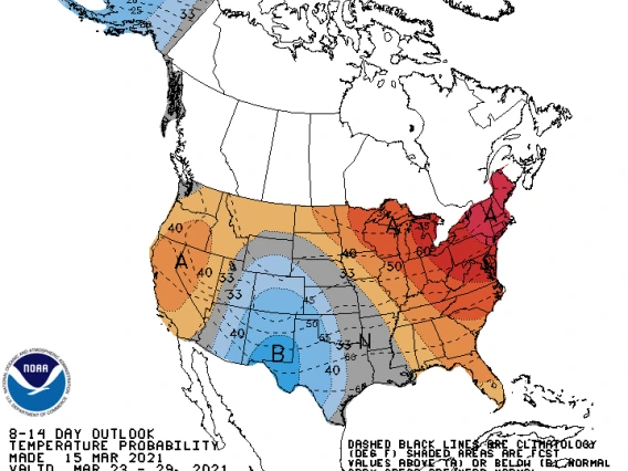 late March temperature outlook map