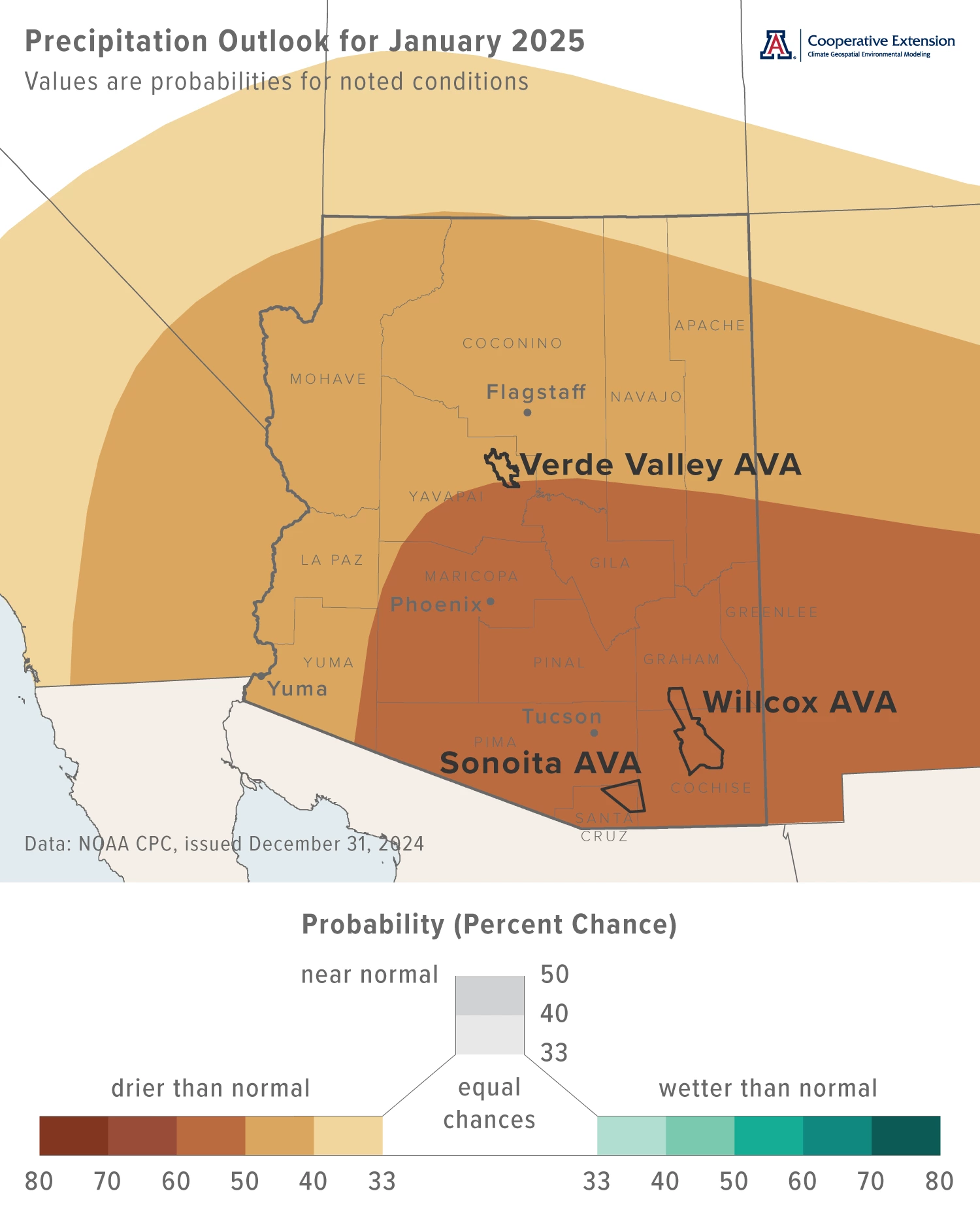 January 2025 precipitation outlook map for Arizona