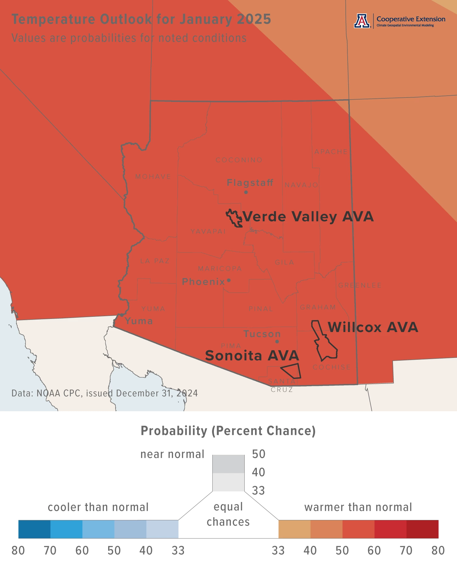 January 2025 temperature outlook map for Arizona