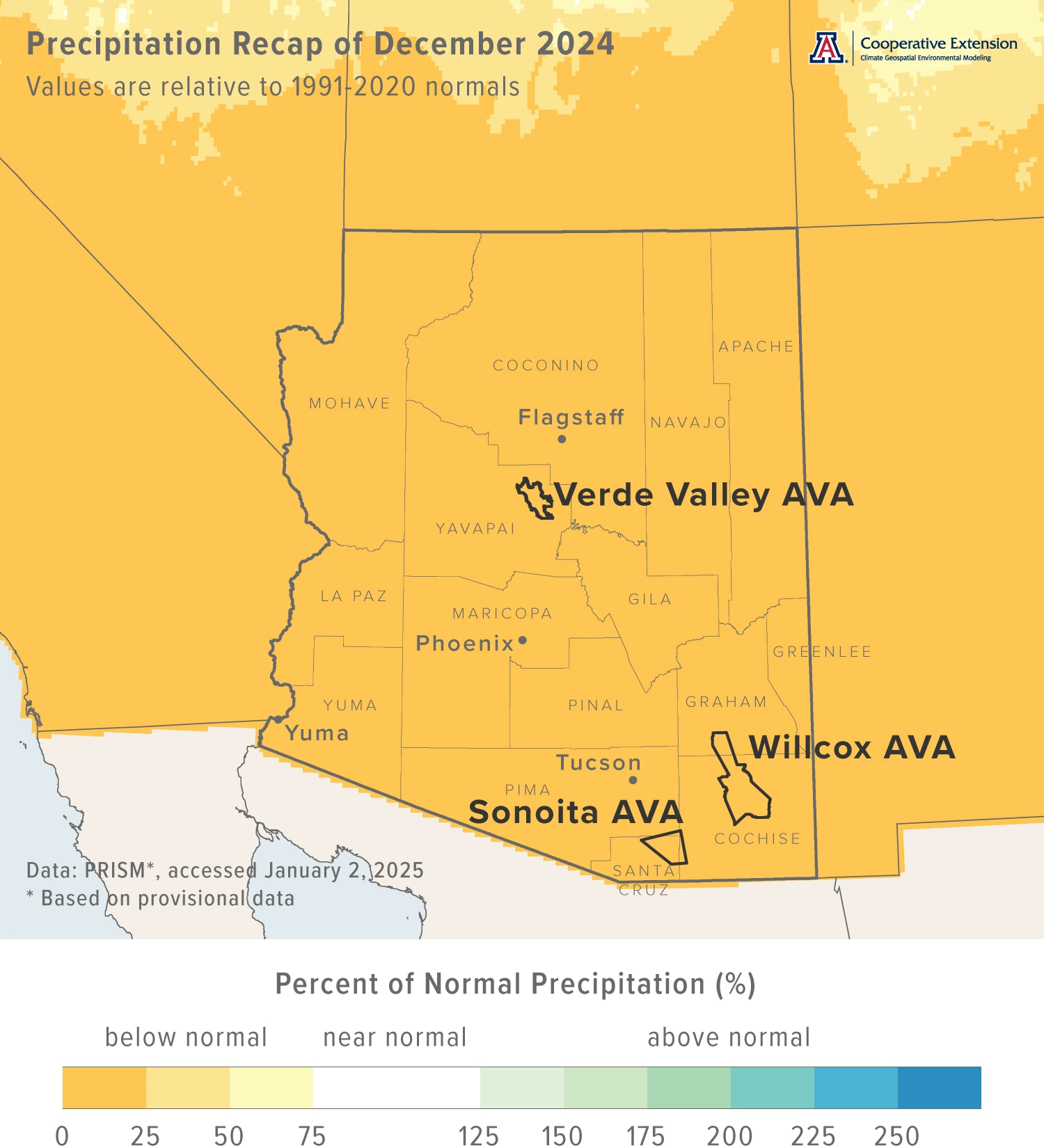 December 2024 precipitation map for Arizona
