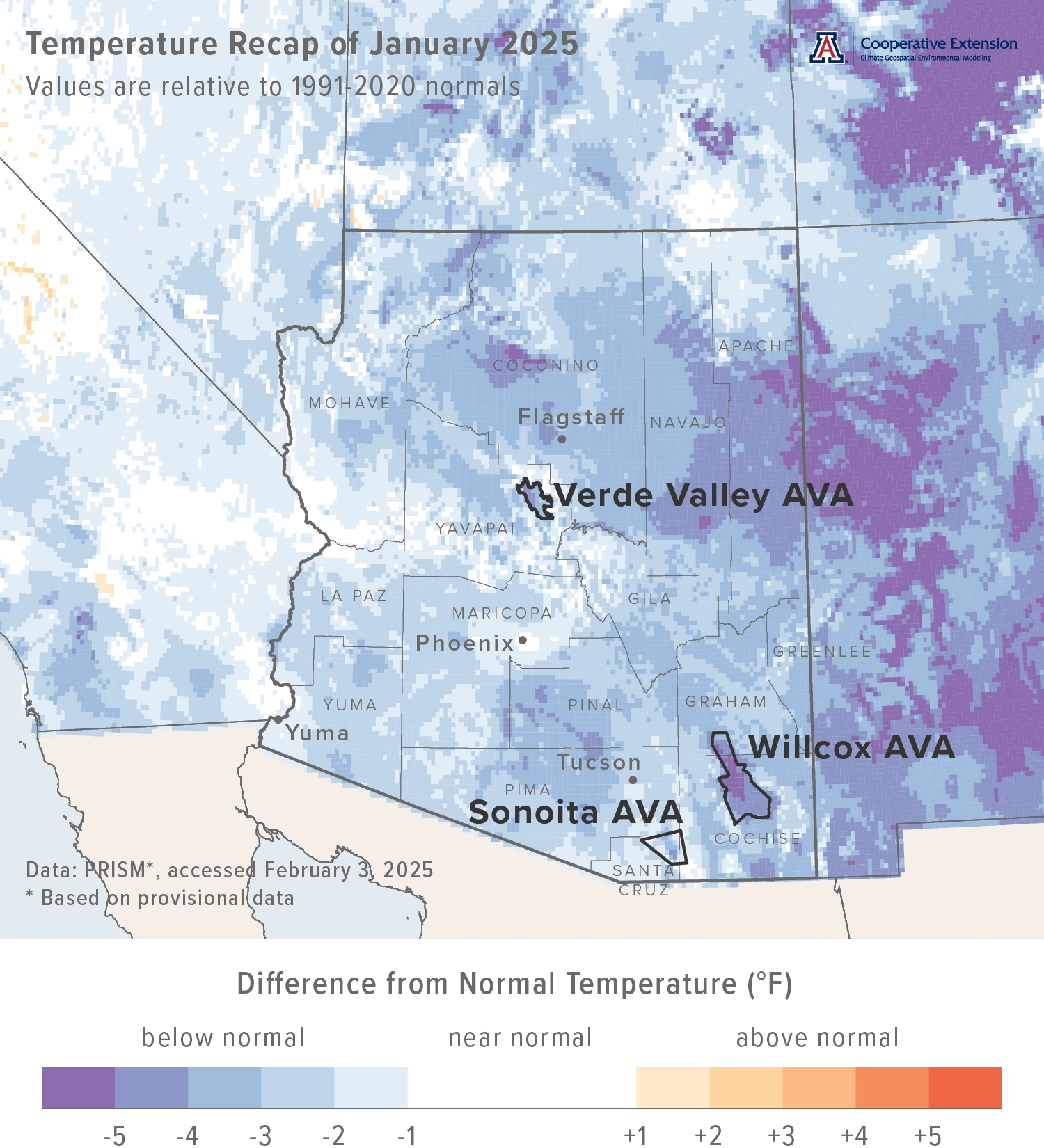 January 2025 temperature map for Arizona