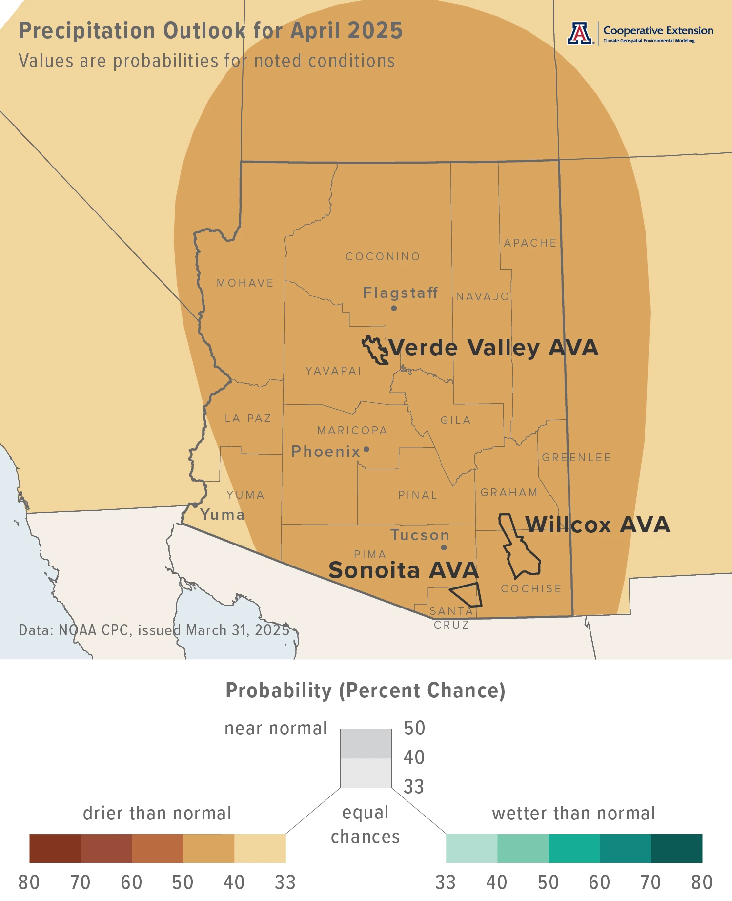 April 2025 precipitation outlook map for Arizona