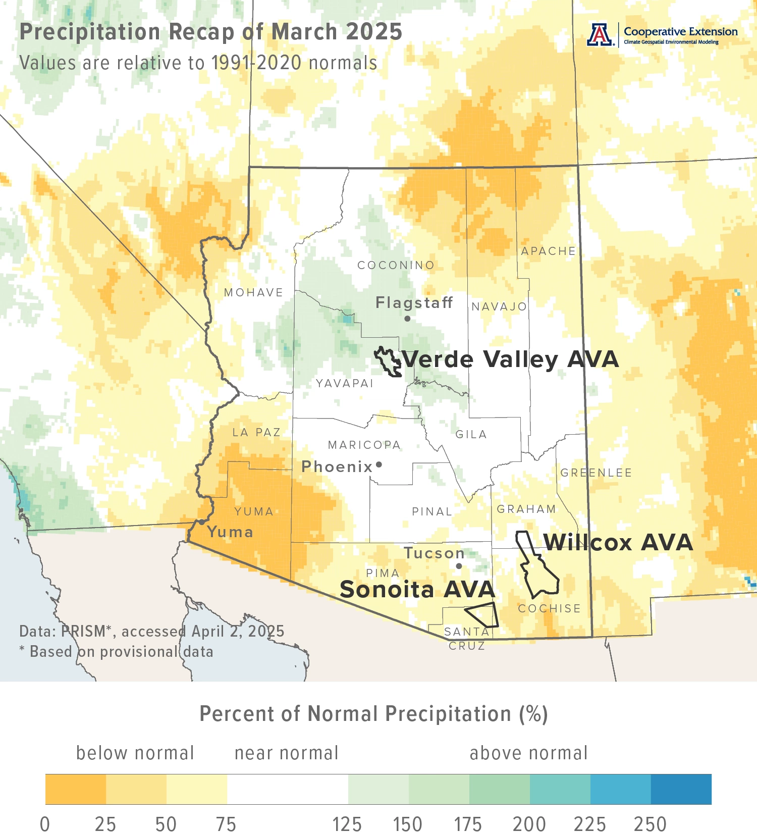 March 2025 precipitation map for Arizona