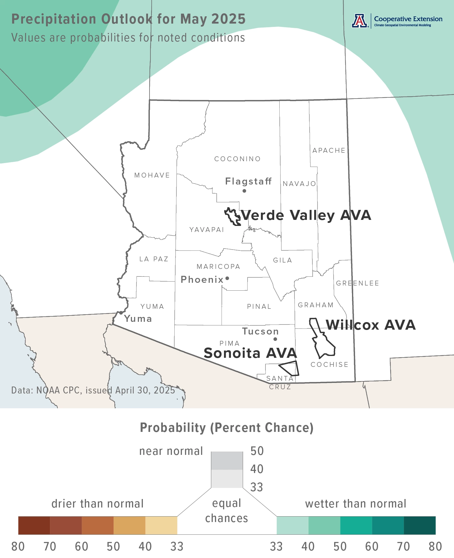 April 2025 precipitation outlook map for Arizona