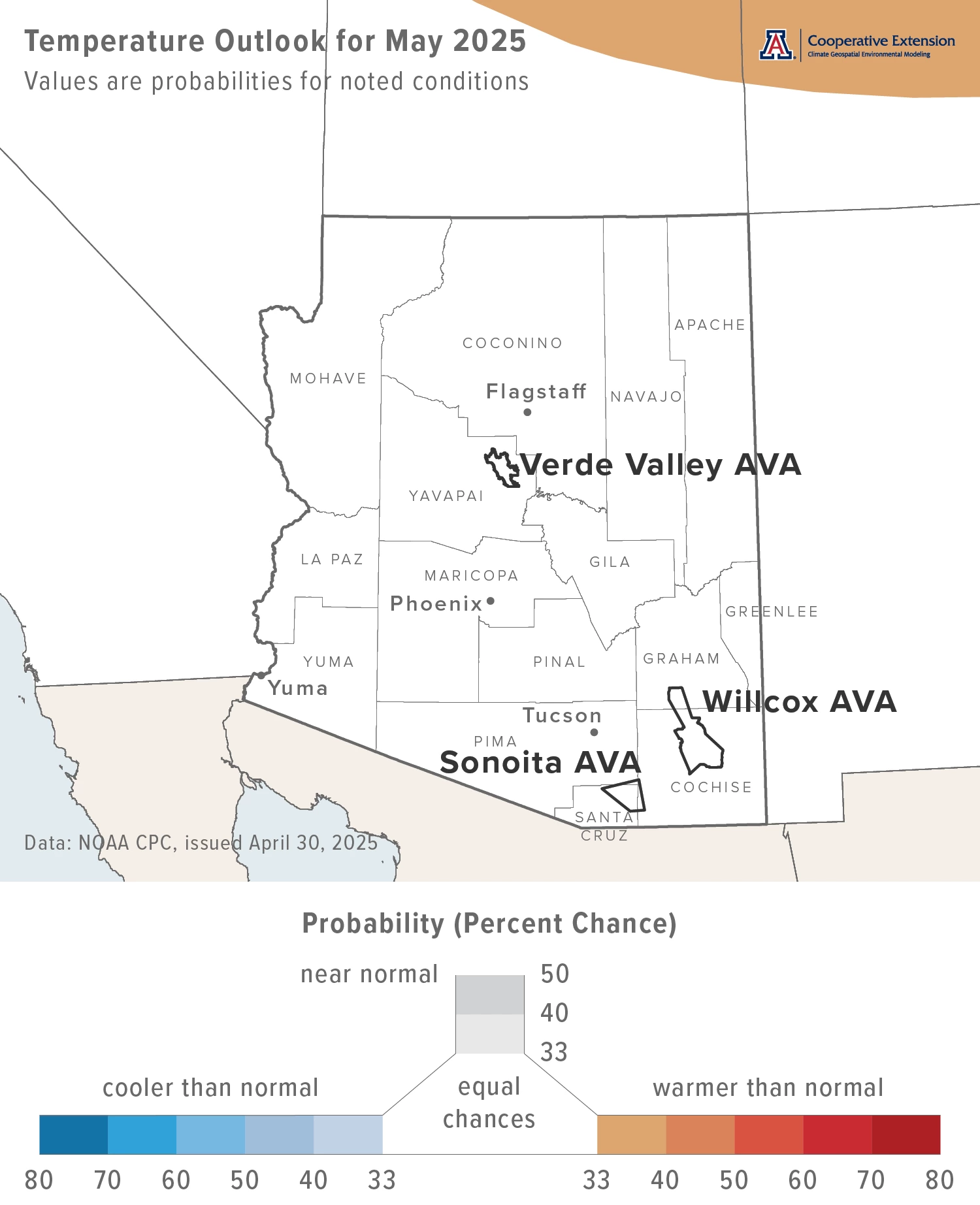 April 2025 temperature outlook map for Arizona