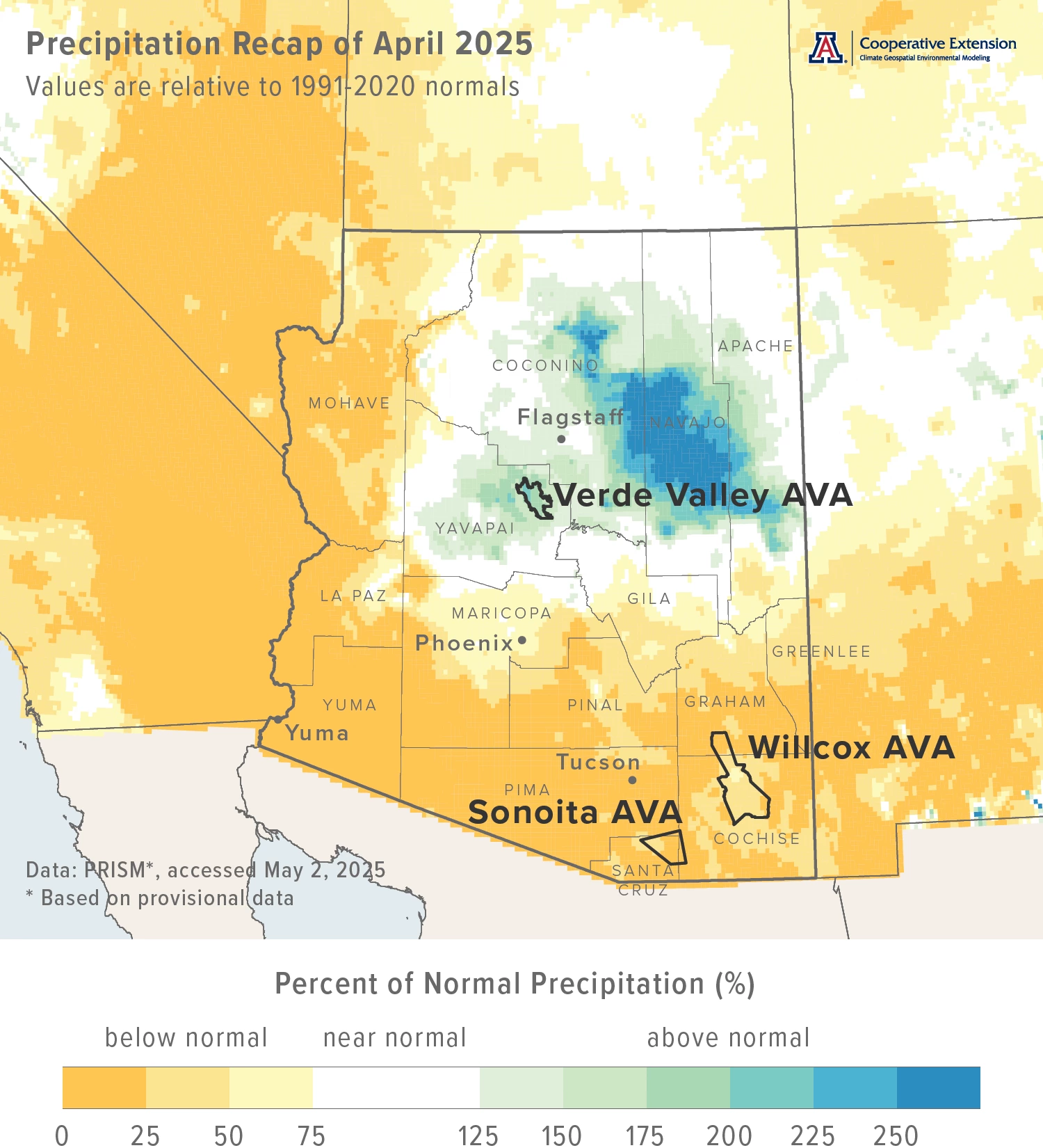 April 2025 precipitation map for Arizona