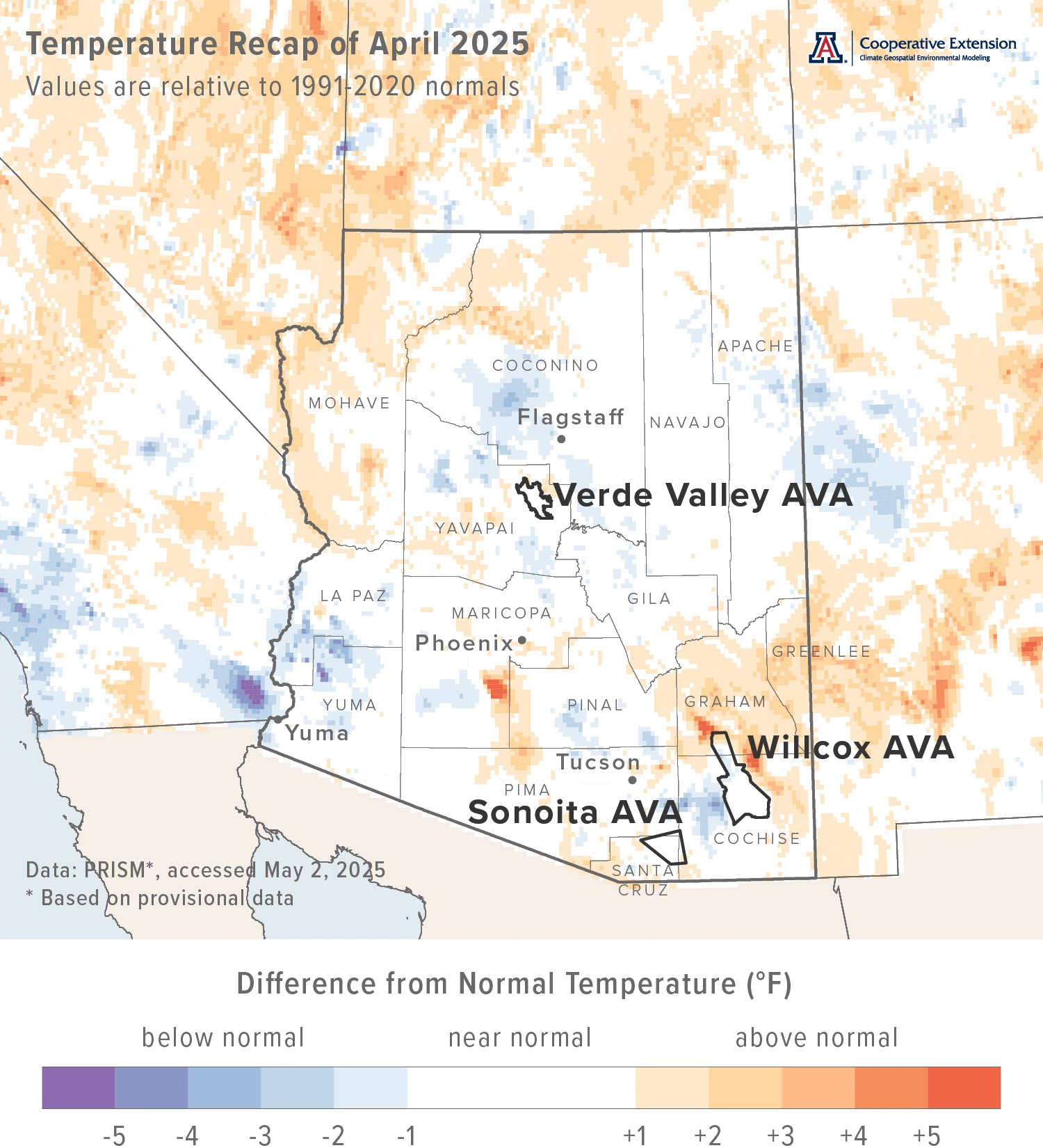 April 2025 temperature map for Arizona