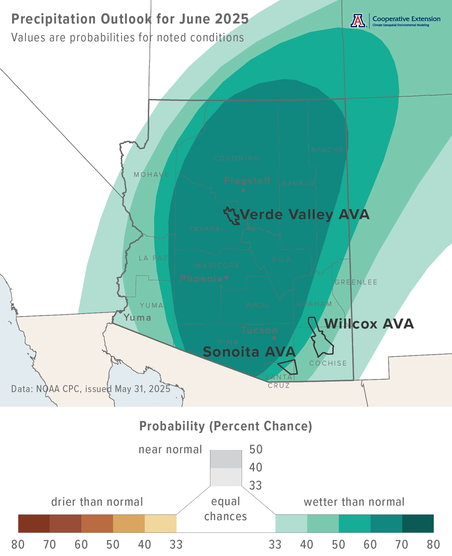 June 2025 precipitation outlook map for Arizona