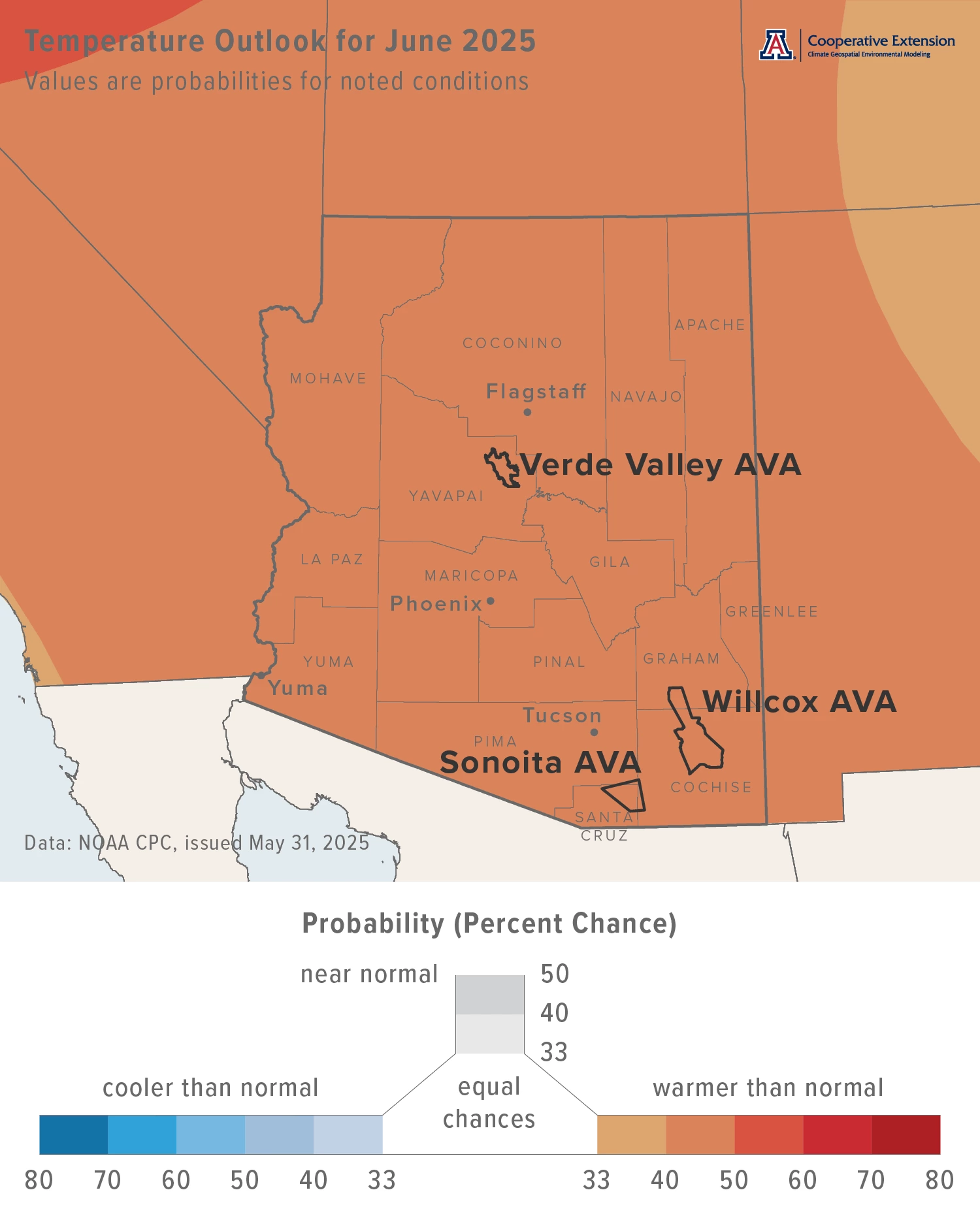 June 2025 temperature outlook map for Arizona