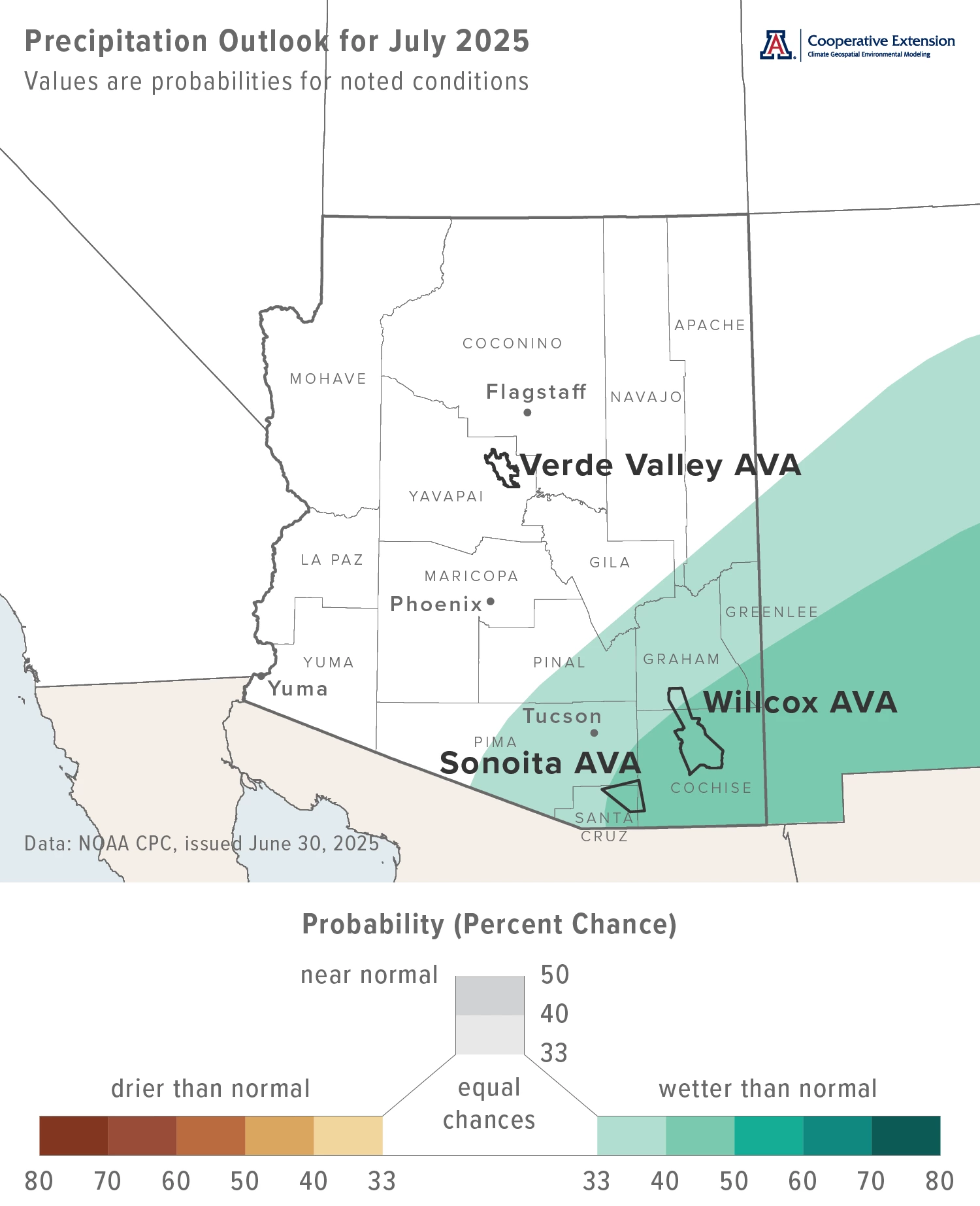 July 2025 precipitation outlook map for Arizona