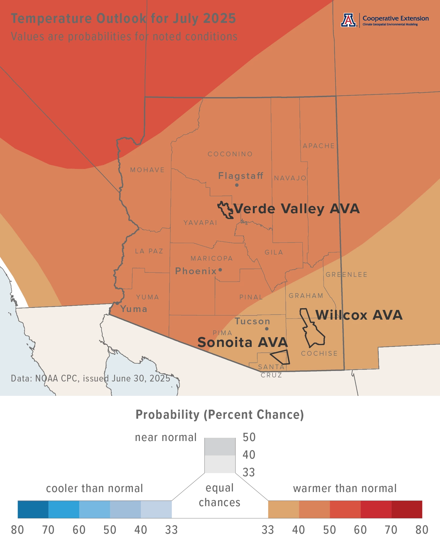 July 2025 temperature outlook map for Arizona