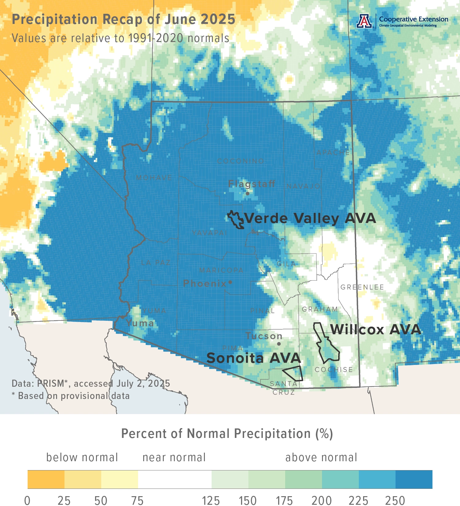 June 2025 precipitation map for Arizona