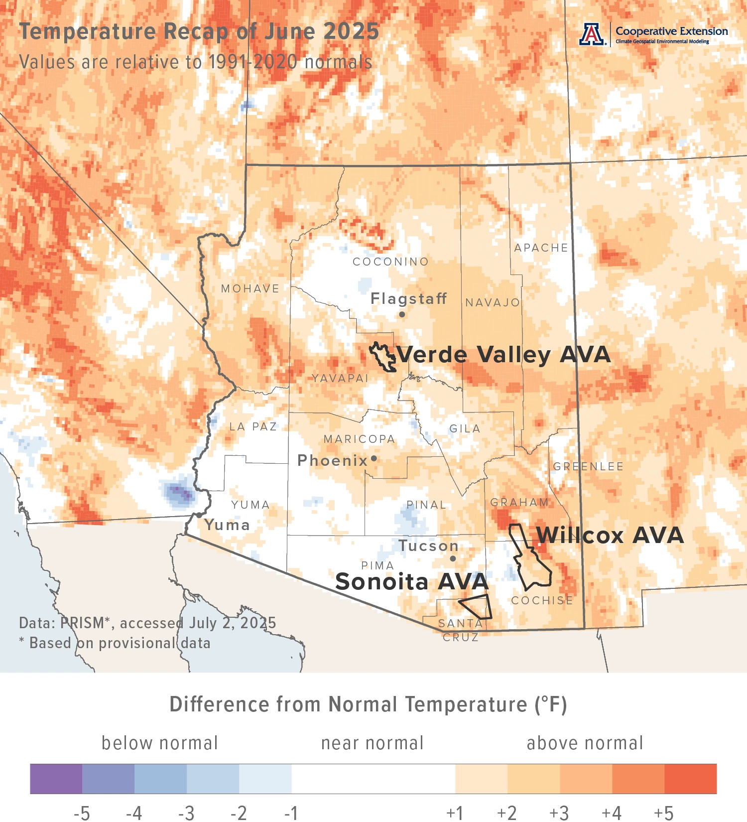June 2025 temperature map for Arizona