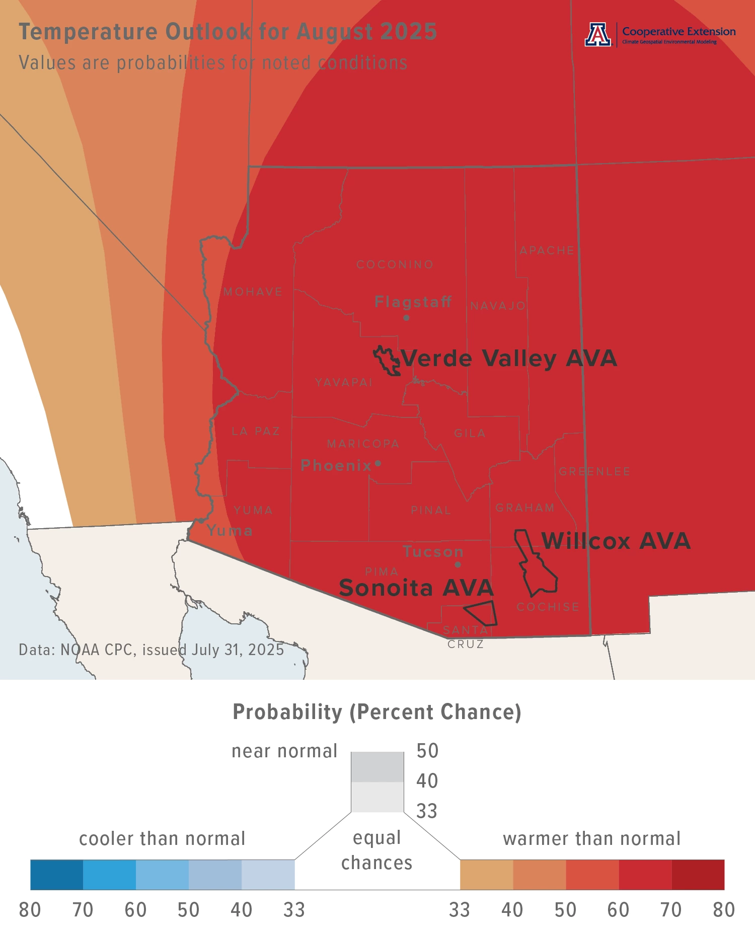August 2025 temperature outlook map for Arizona