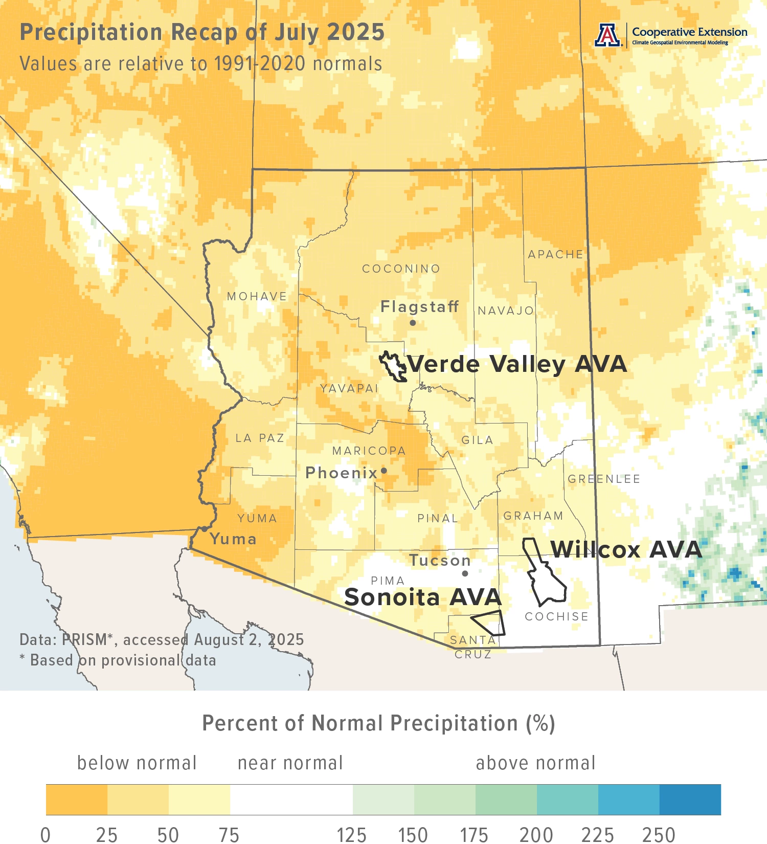 July 2025 precipitation map for Arizona