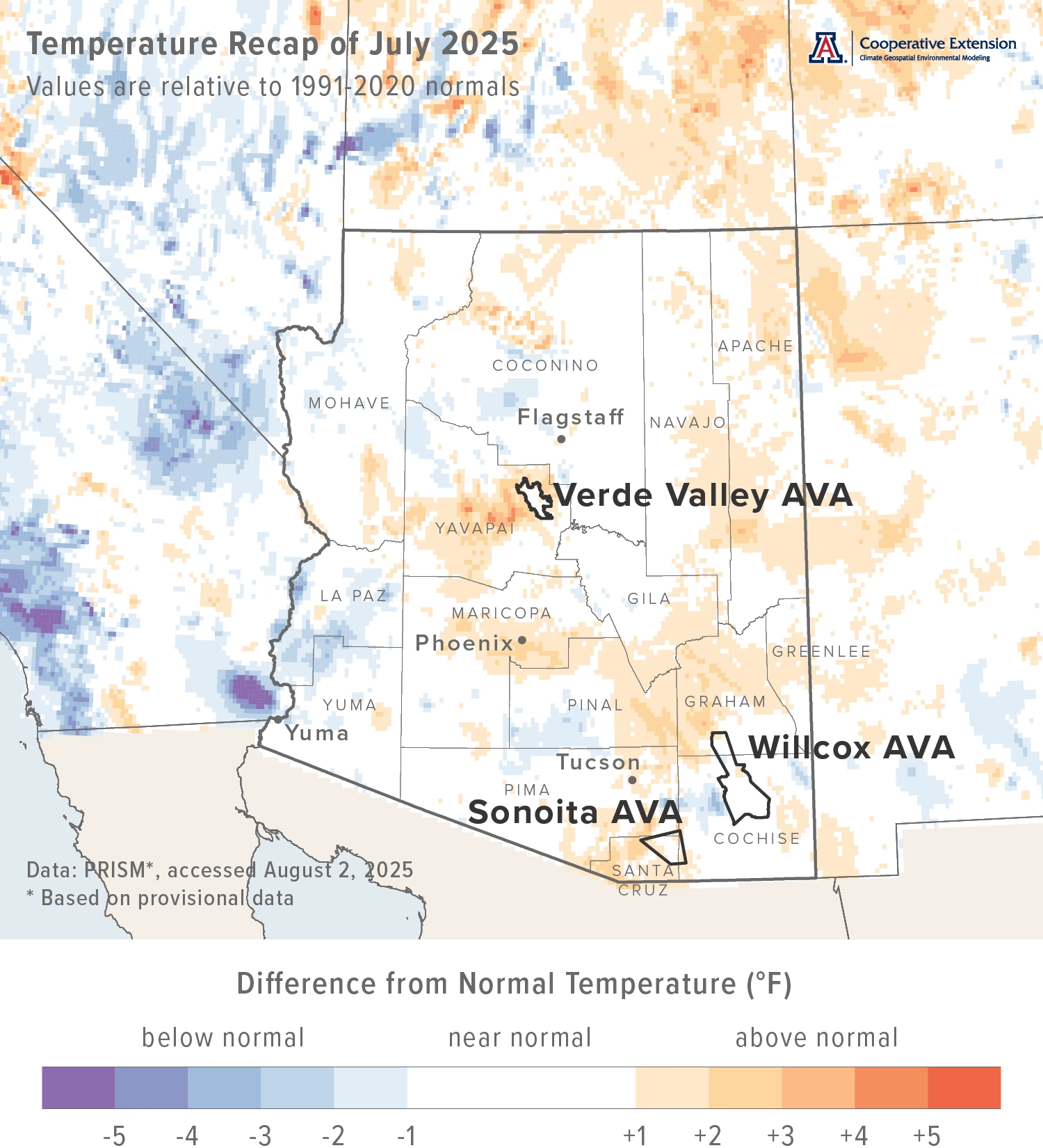 July 2025 temperature map for Arizona