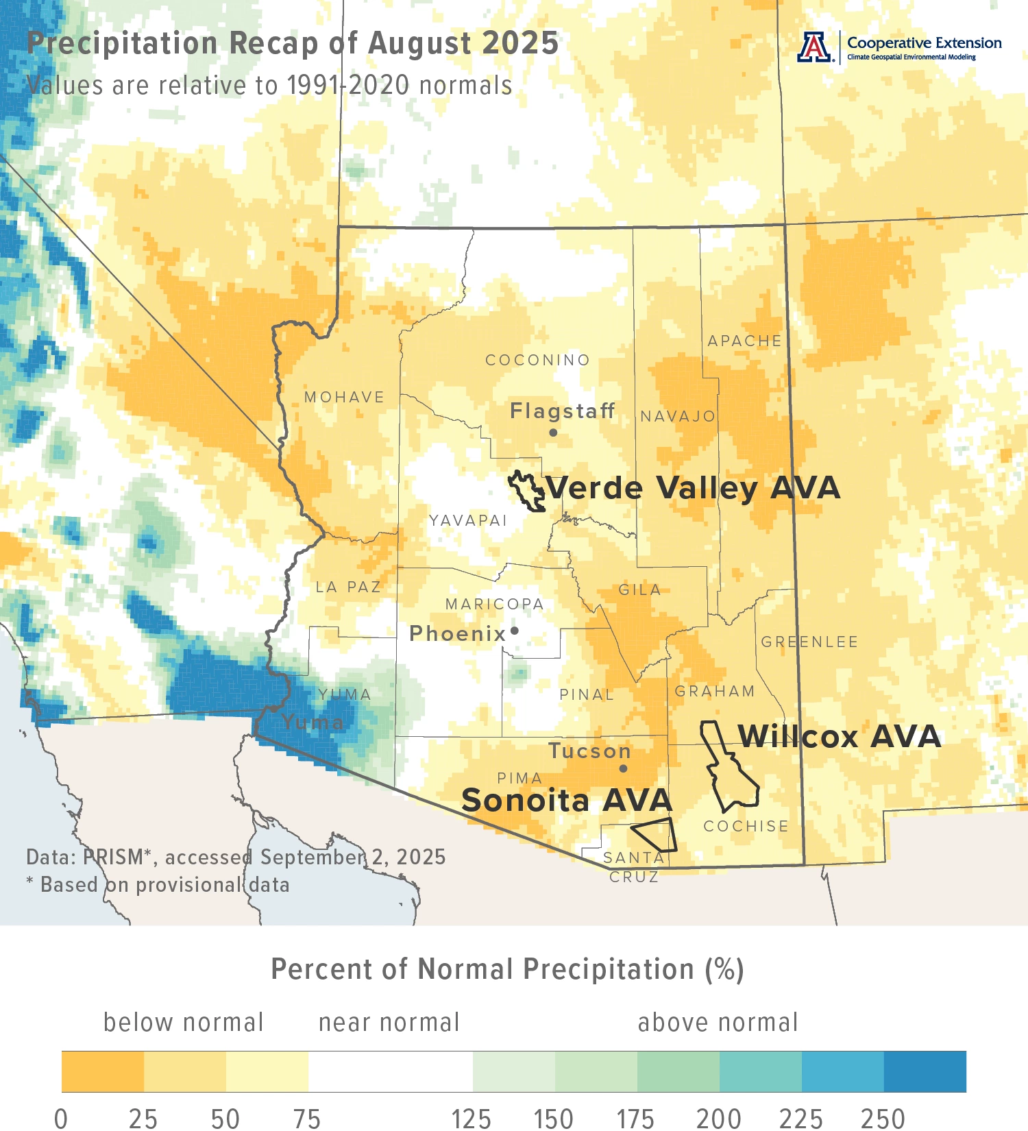 August 2025 precipitation map for Arizona