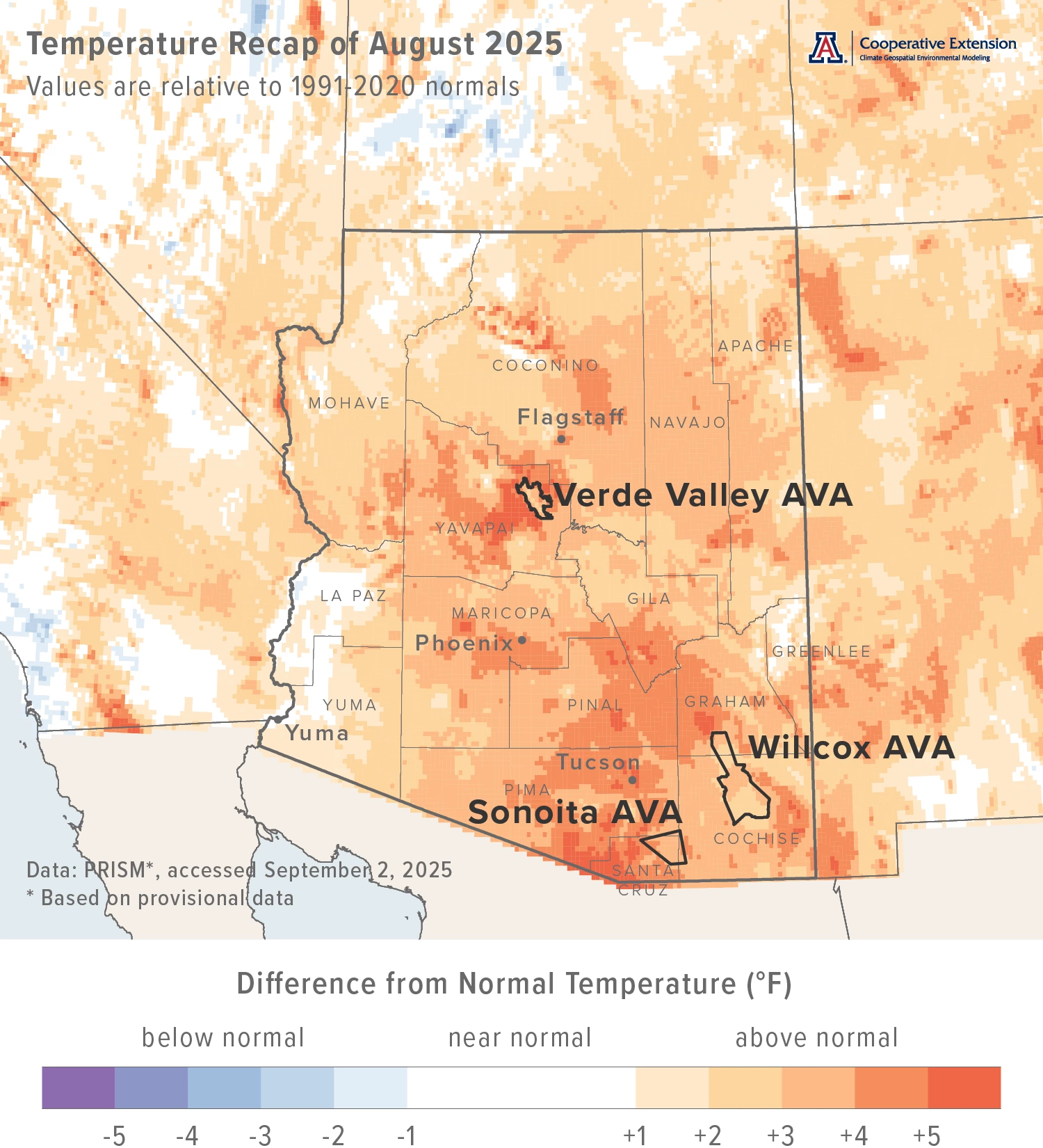 August 2025 temperature map for Arizona
