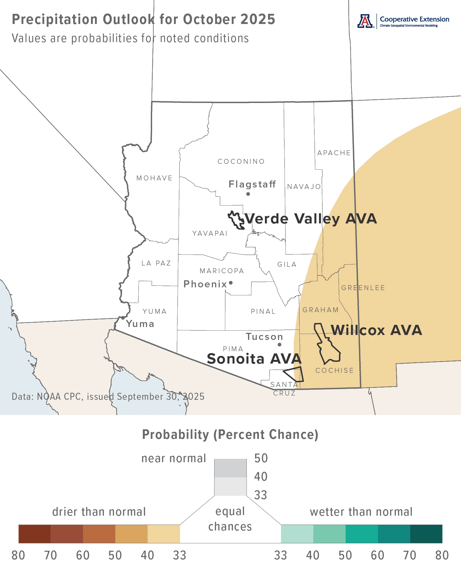 October 2025 precipitation outlook map for Arizona
