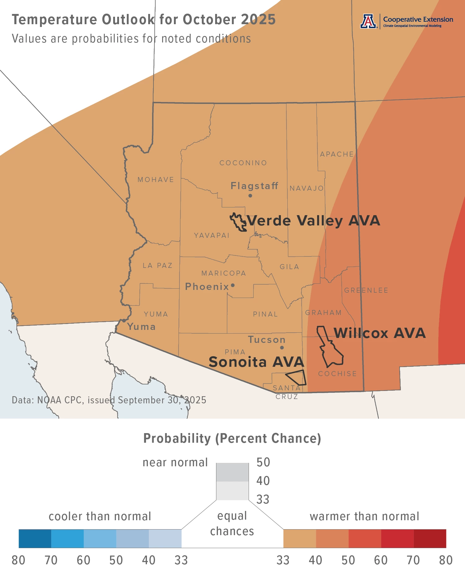 October 2025 temperature outlook map for Arizona