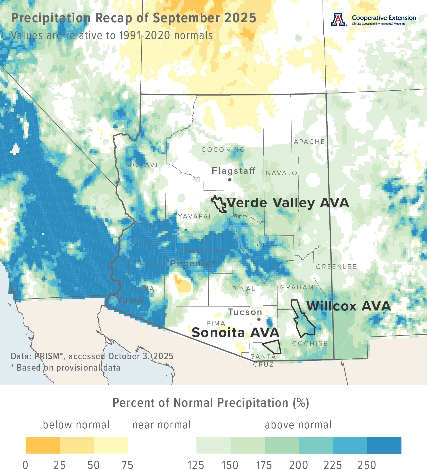 September 2025 precipitation map for Arizona