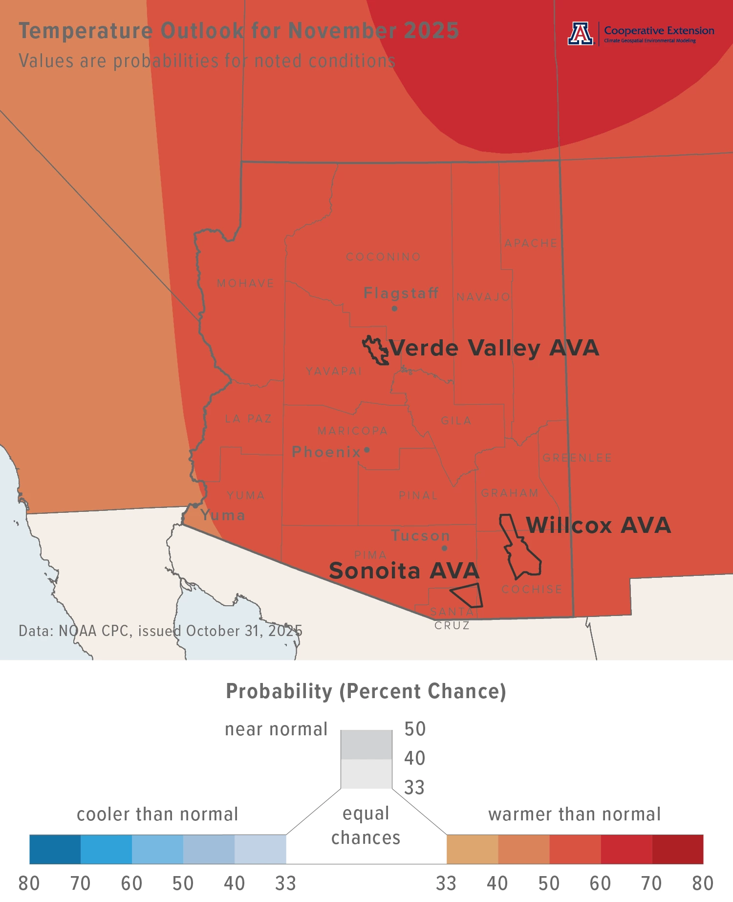 November 2025 temperature outlook map for Arizona