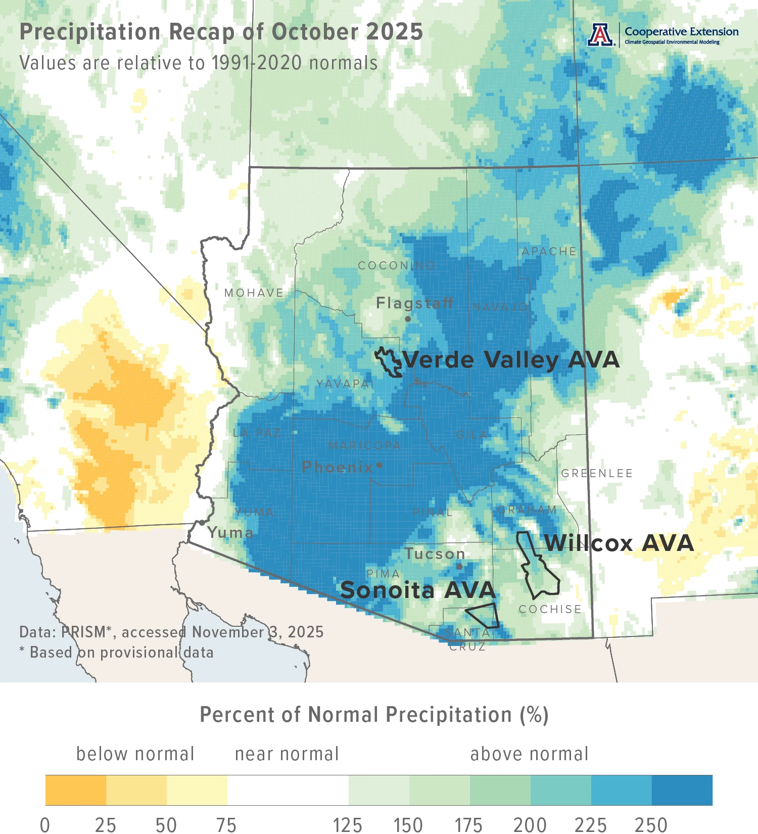 October 2025 precipitation map for Arizona