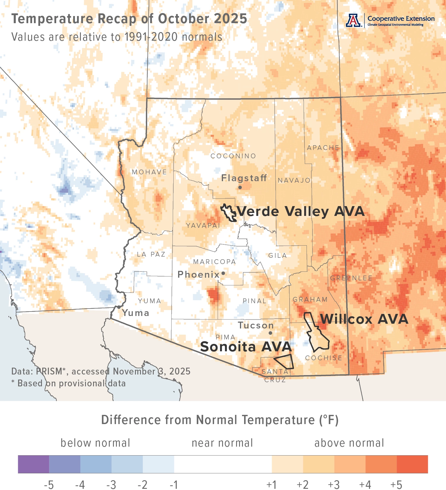 October 2025 temperature map for Arizona