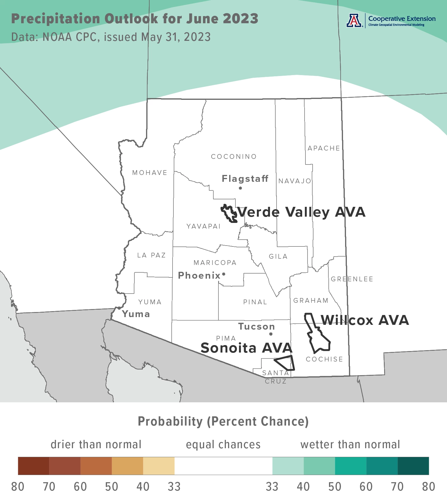 June 2023 precipitation outlook map for Arizona