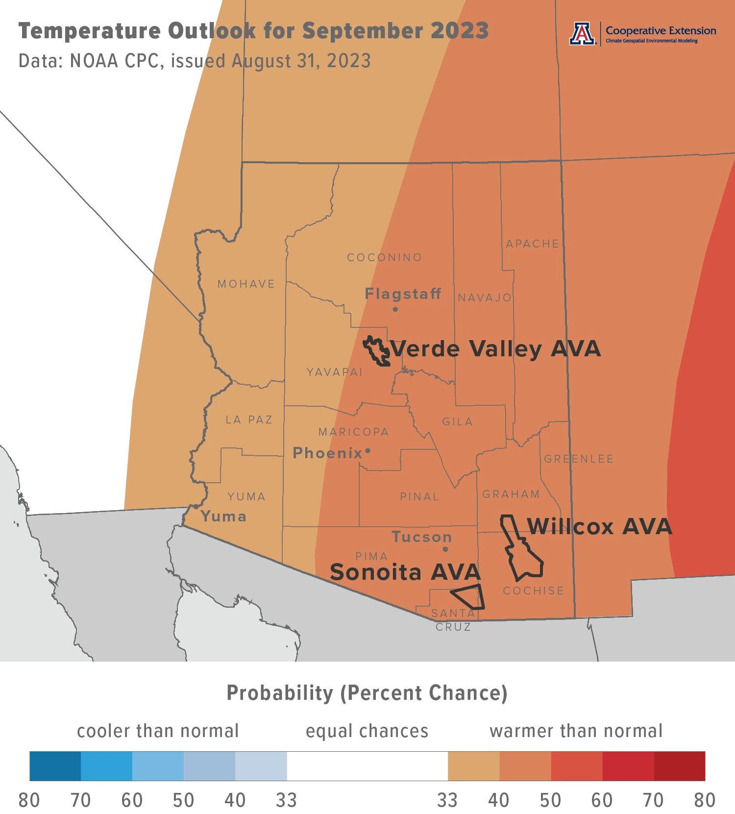 September 2023 temperature outlook map for Arizona