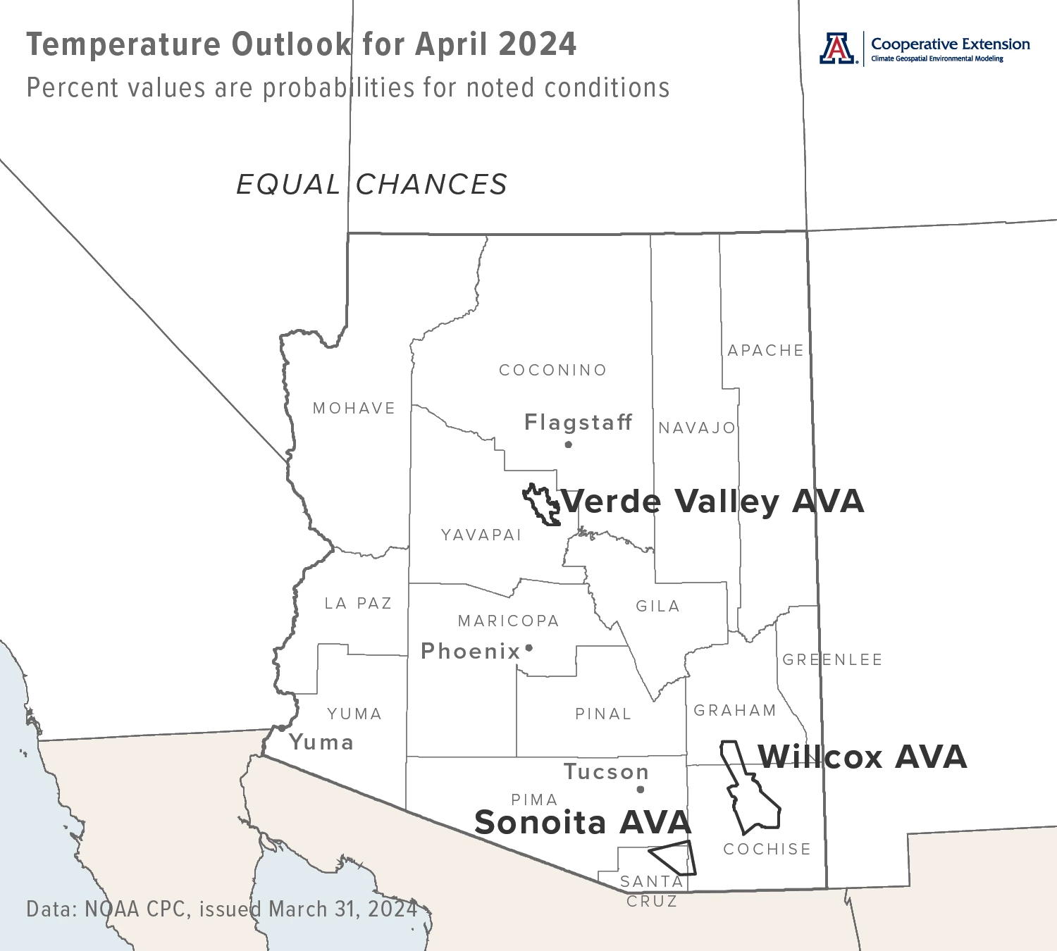 April 2024 temperature outlook map for Arizona