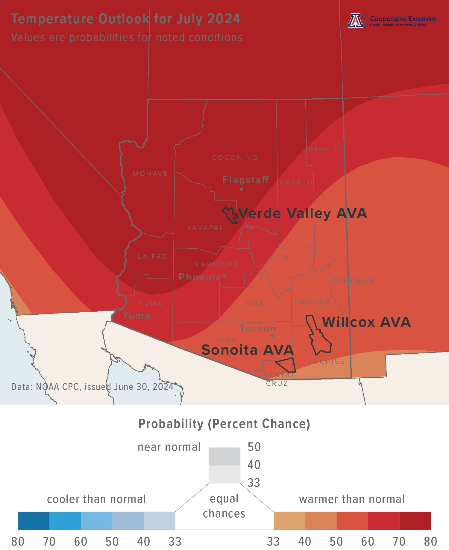 July 2024 temperature outlook map for Arizona