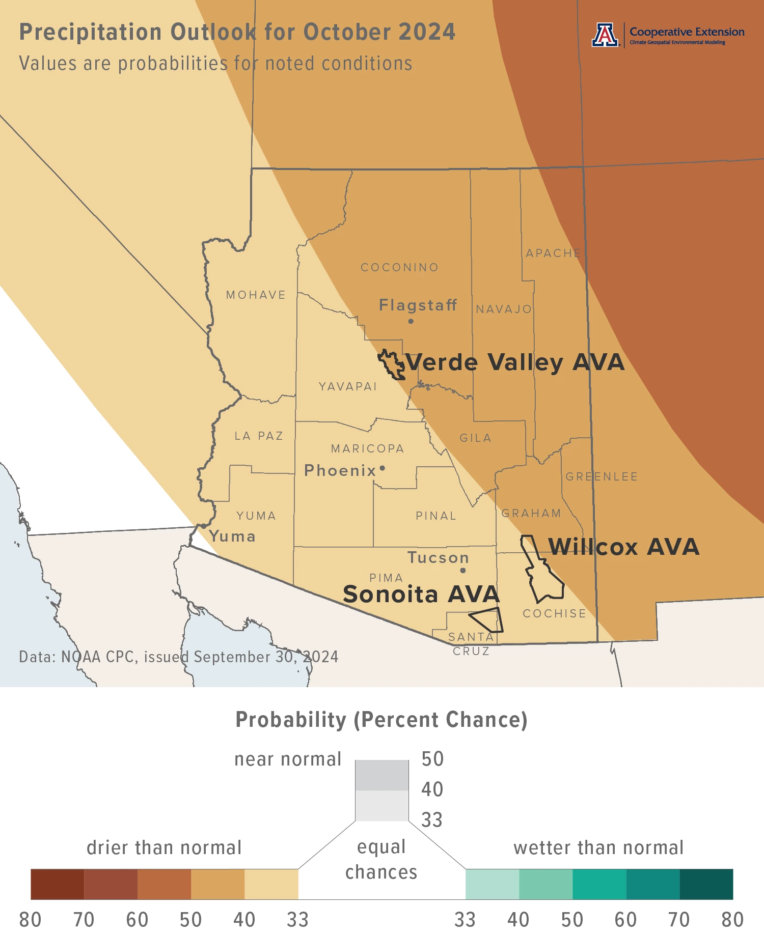 October 2024 precipitation outlook map for Arizona