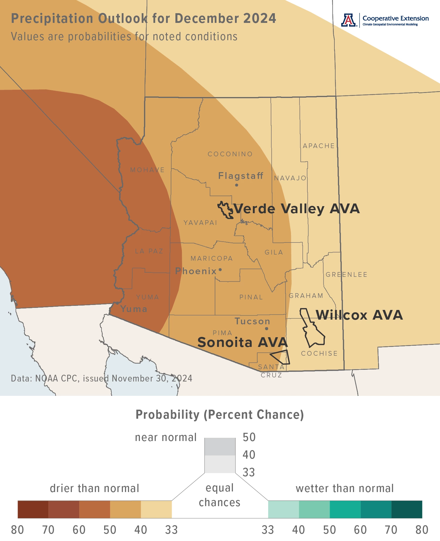 December 2024 precipitation outlook map for Arizona