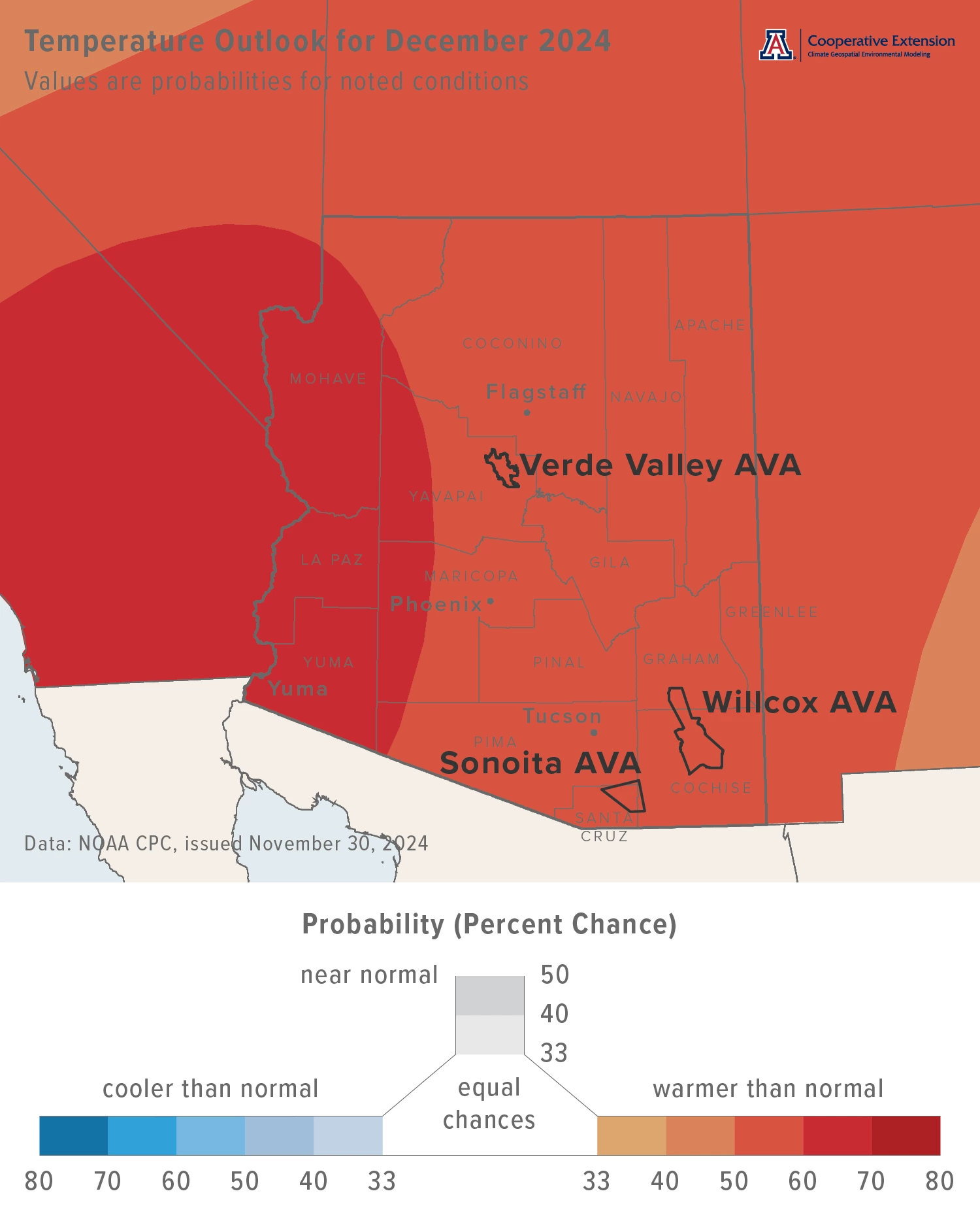 December 2024 temperature outlook map for Arizona