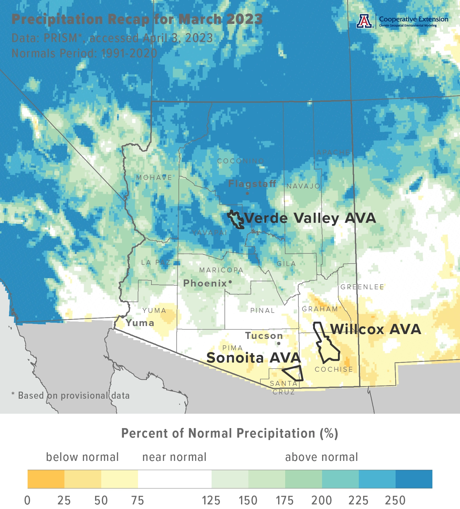 March 2023 precipitation map for Arizona