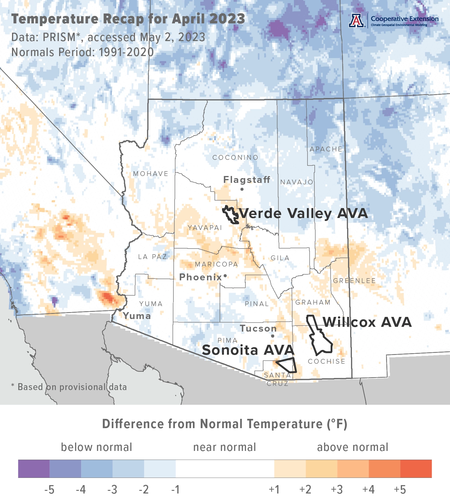 April 2023 temperature map for Arizona