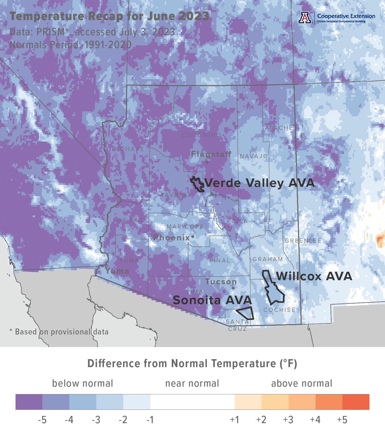 June 2023 temperature map for Arizona