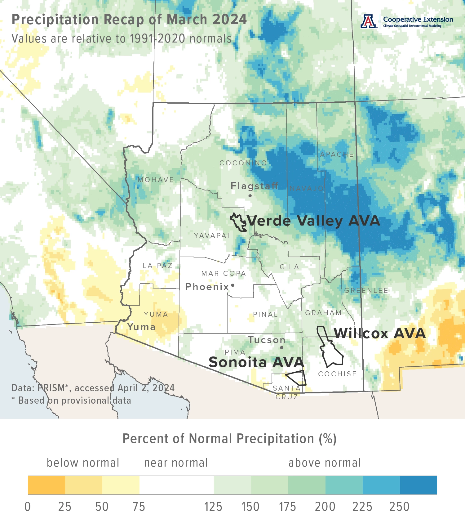 March 2024 precipitation map for Arizona