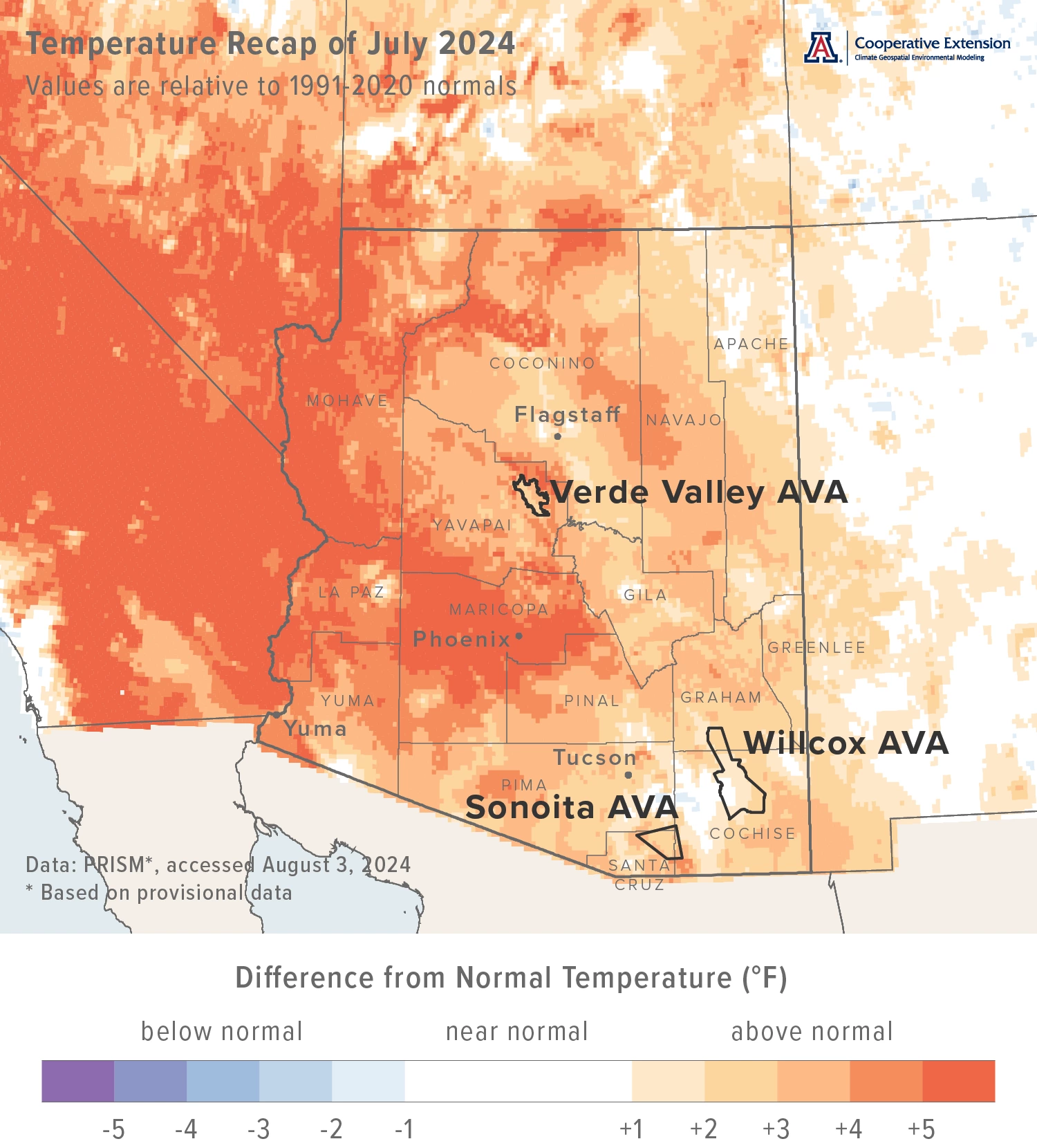 July 2024 temperature map for Arizona