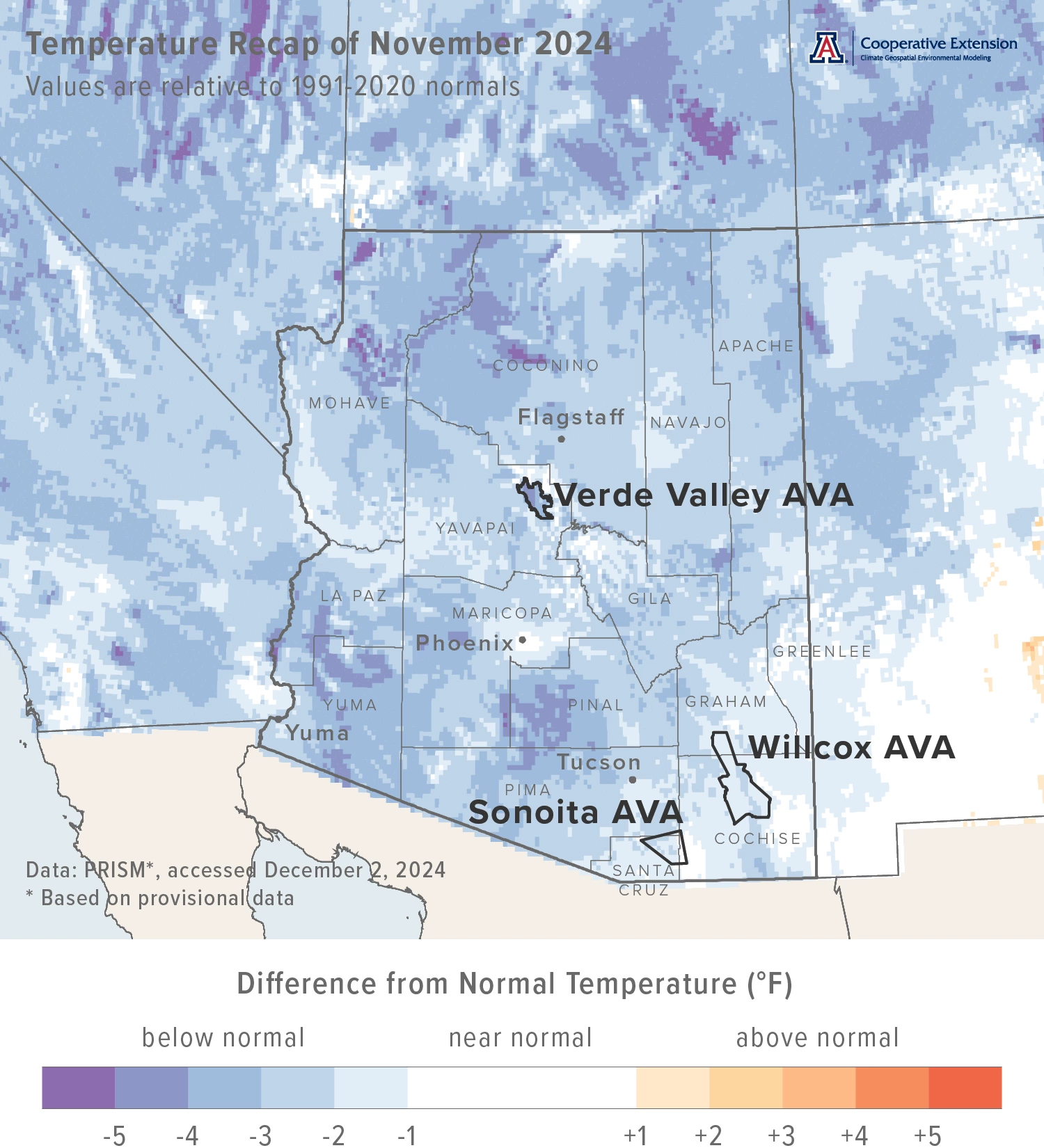 November 2024 temperature map for Arizona