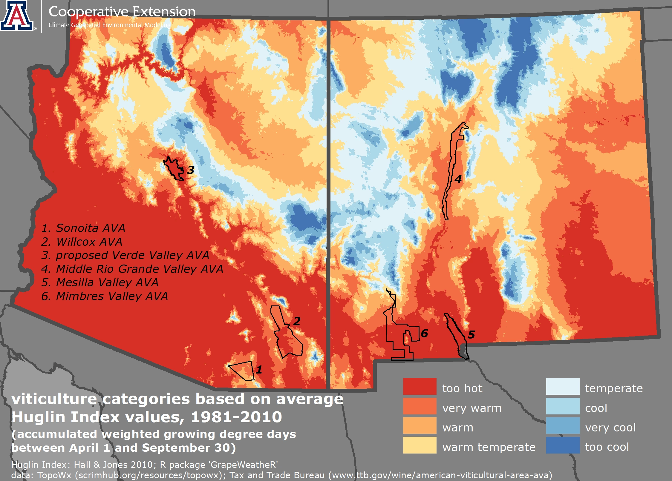 map of average Huglin Index values, 1981-2010