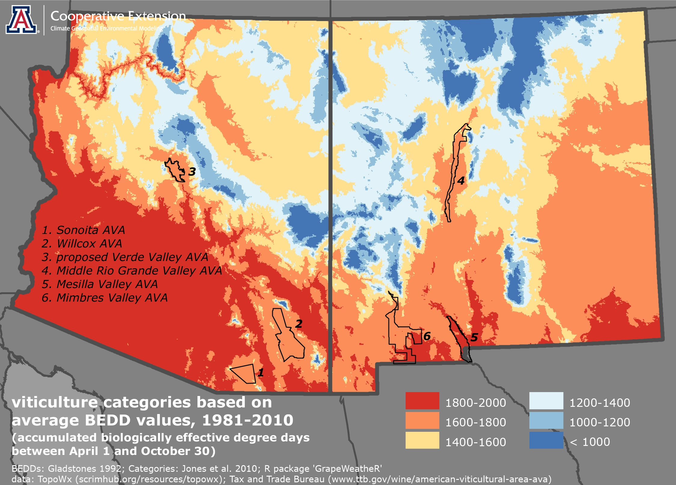 map of biologically effective degree day values for Arizona and New Mexico